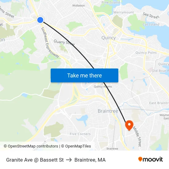 Granite Ave @ Bassett St to Braintree, MA map