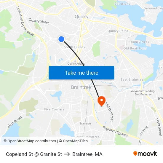 Copeland St @ Granite St to Braintree, MA map