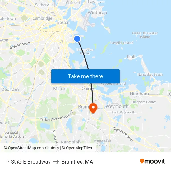 P St @ E Broadway to Braintree, MA map
