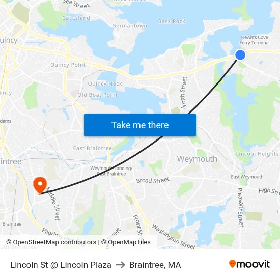 Lincoln St @ Lincoln Plaza to Braintree, MA map
