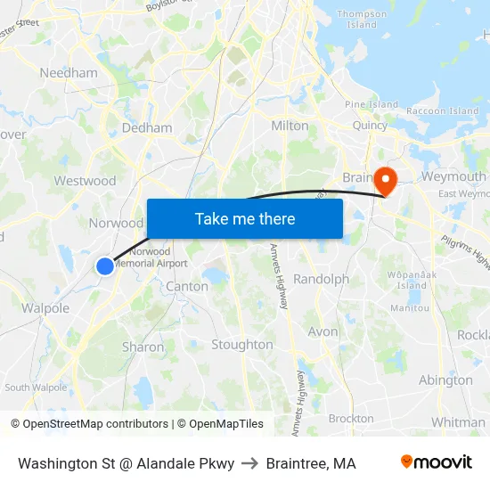 Washington St @ Alandale Pkwy to Braintree, MA map
