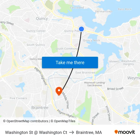 Washington St @ Washington Ct to Braintree, MA map