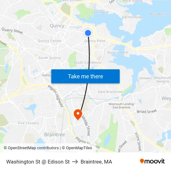 Washington St @ Edison St to Braintree, MA map