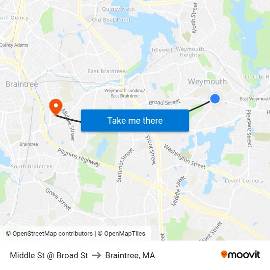 Middle St @ Broad St to Braintree, MA map