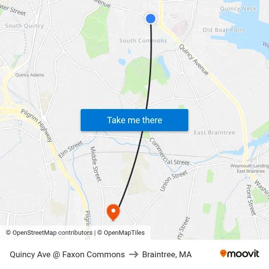Quincy Ave @ Faxon Commons to Braintree, MA map