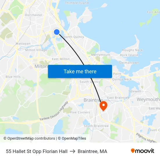55 Hallet St Opp Florian Hall to Braintree, MA map