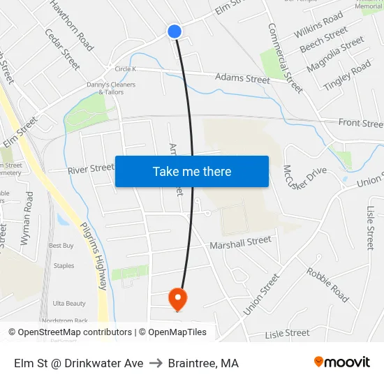 Elm St @ Drinkwater Ave to Braintree, MA map