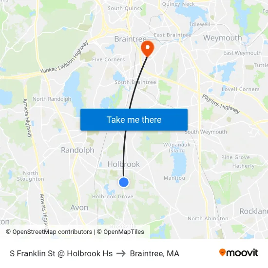 S Franklin St @ Holbrook Hs to Braintree, MA map