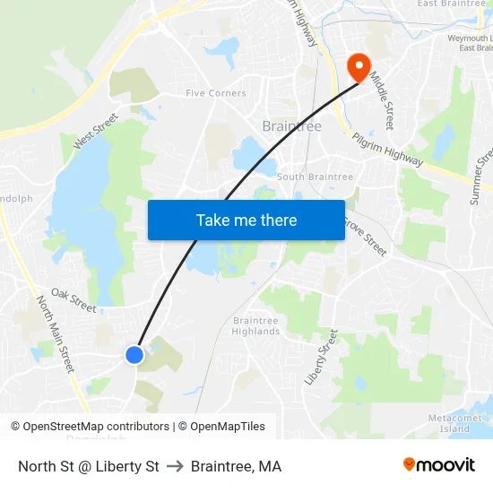 North St @ Liberty St to Braintree, MA map