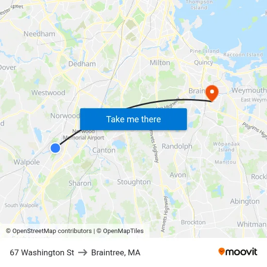 67 Washington St to Braintree, MA map