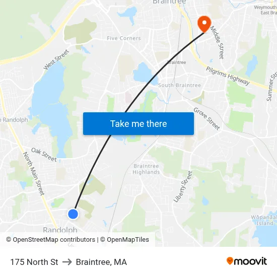 175 North St to Braintree, MA map