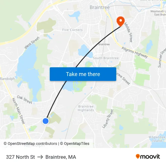 327 North St to Braintree, MA map