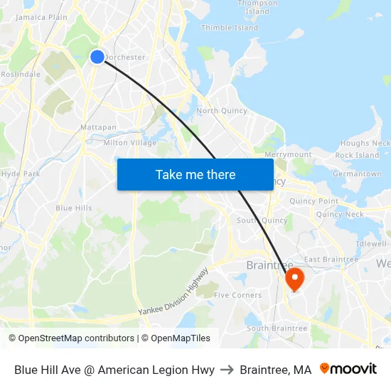 Blue Hill Ave @ American Legion Hwy to Braintree, MA map