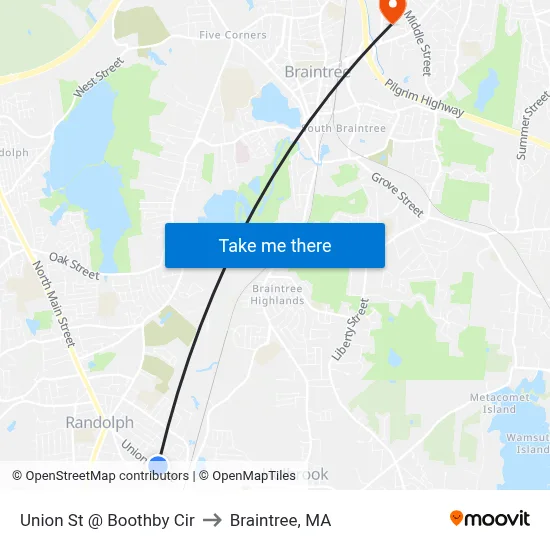 Union St @ Boothby Cir to Braintree, MA map