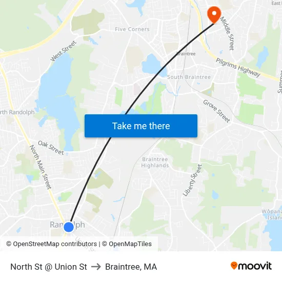 North St @ Union St to Braintree, MA map