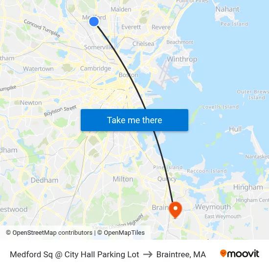 Medford Sq @ City Hall Parking Lot to Braintree, MA map