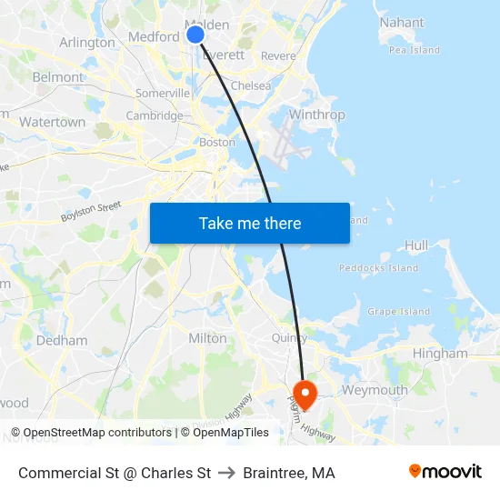 Commercial St @ Charles St to Braintree, MA map