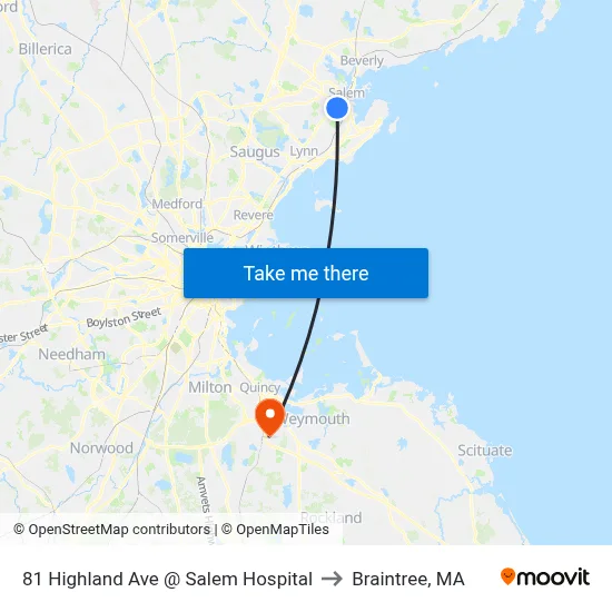 81 Highland Ave @ Salem Hospital to Braintree, MA map