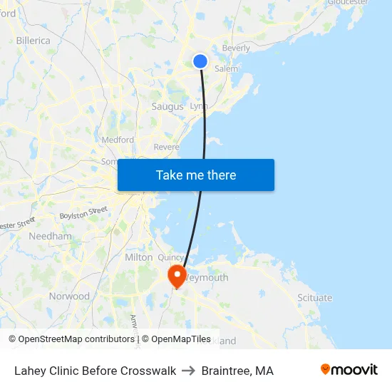 Lahey Clinic Before Crosswalk to Braintree, MA map