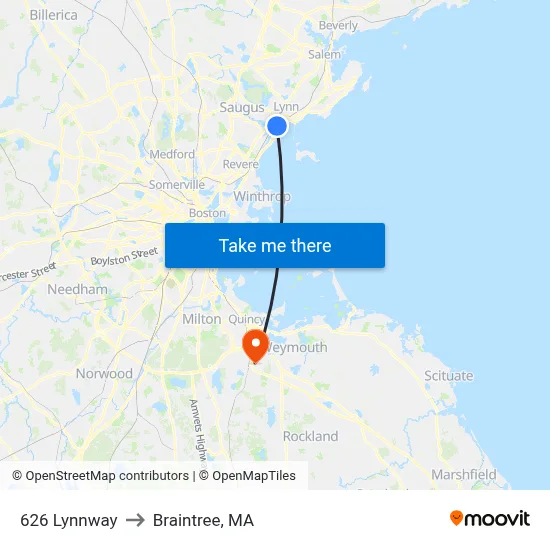 626 Lynnway to Braintree, MA map