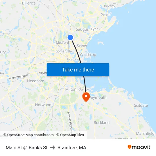 Main St @ Banks St to Braintree, MA map