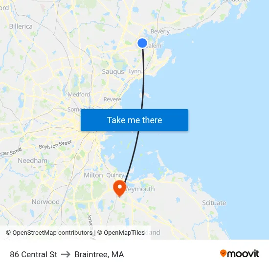 86 Central St to Braintree, MA map