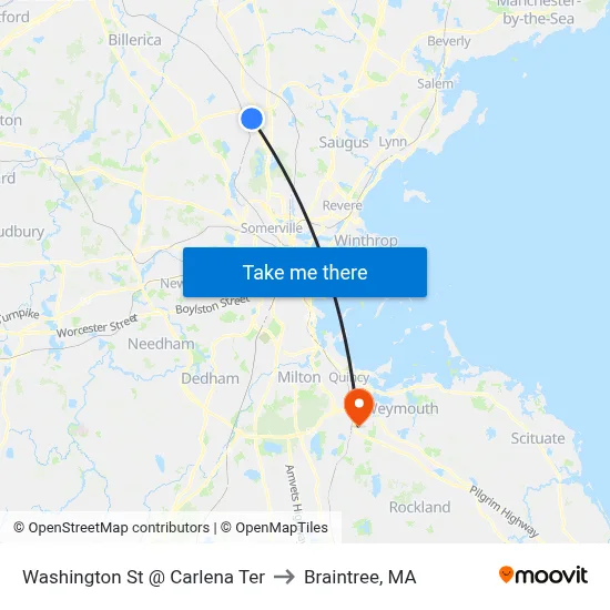 Washington St @ Carlena Ter to Braintree, MA map