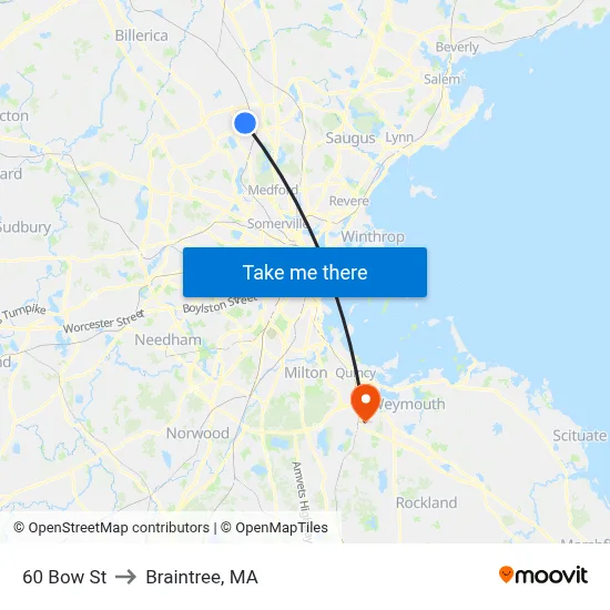60 Bow St to Braintree, MA map