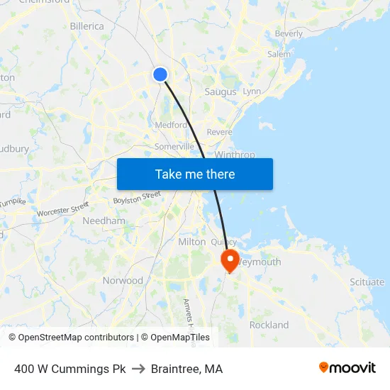 400 W Cummings Pk to Braintree, MA map