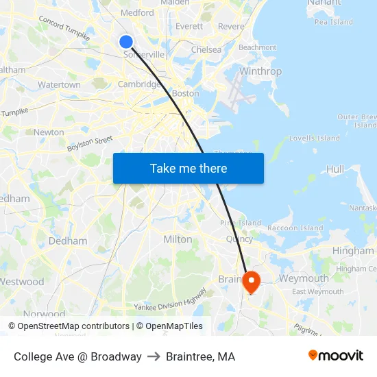 College Ave @ Broadway to Braintree, MA map