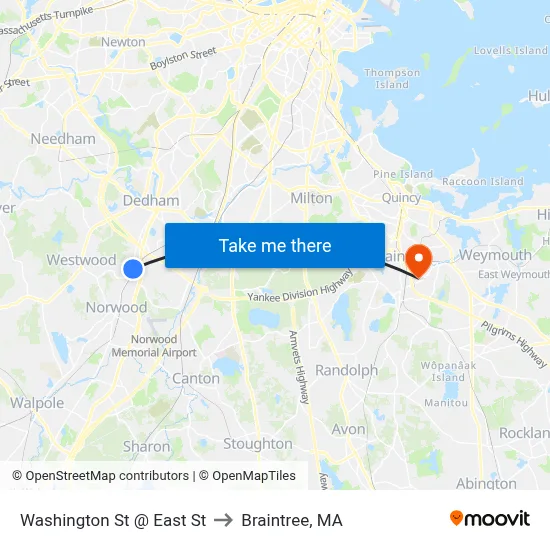 Washington St @ East St to Braintree, MA map