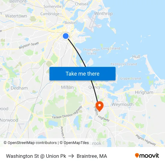 Washington St @ Union Pk to Braintree, MA map
