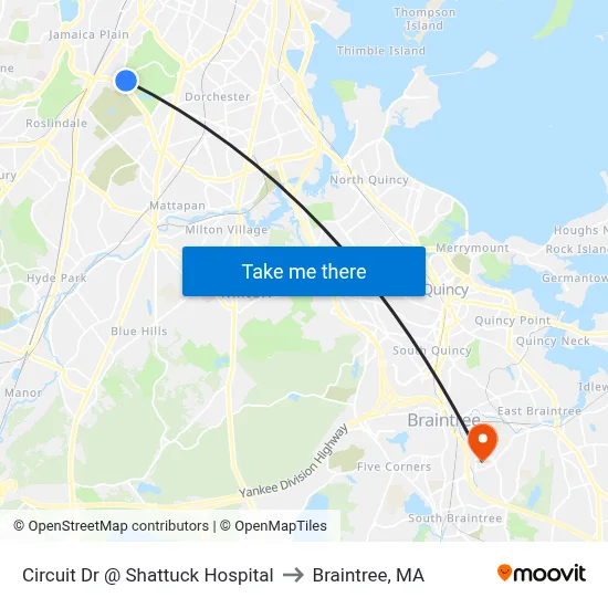 Circuit Dr @ Shattuck Hospital to Braintree, MA map