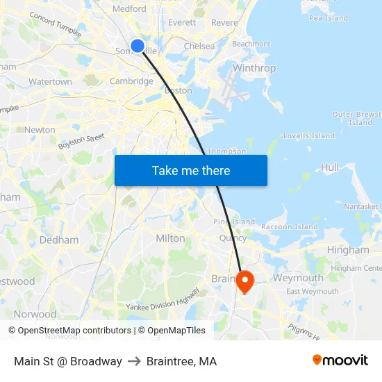 Main St @ Broadway to Braintree, MA map