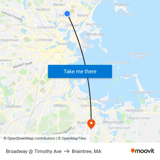 Broadway @ Timothy Ave to Braintree, MA map