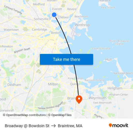 Broadway @ Bowdoin St to Braintree, MA map
