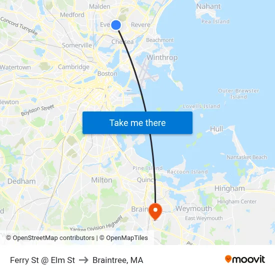 Ferry St @ Elm St to Braintree, MA map