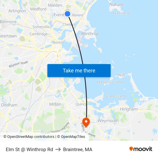 Elm St @ Winthrop Rd to Braintree, MA map