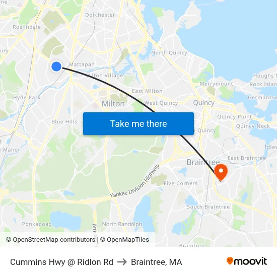 Cummins Hwy @ Ridlon Rd to Braintree, MA map