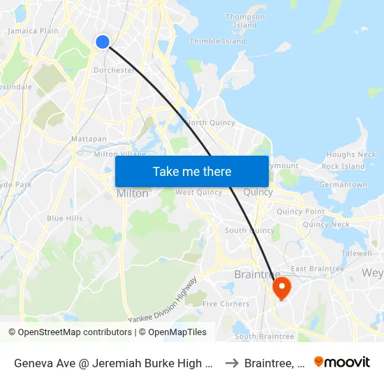 Geneva Ave @ Jeremiah Burke High School to Braintree, MA map