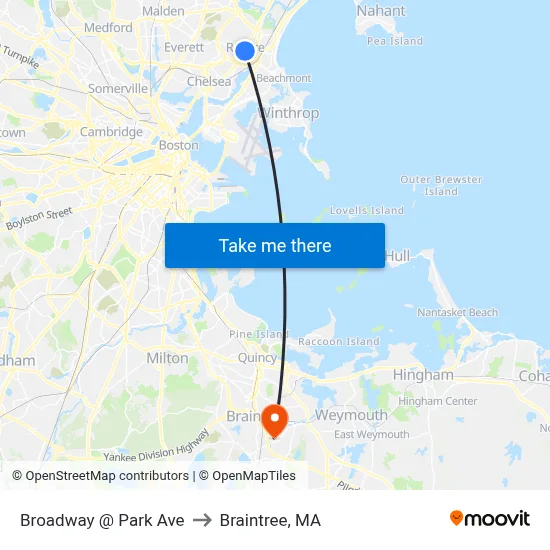 Broadway @ Park Ave to Braintree, MA map