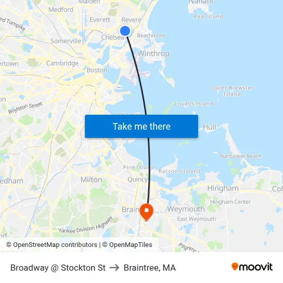 Broadway @ Stockton St to Braintree, MA map