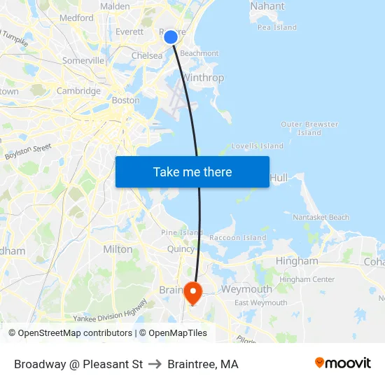 Broadway @ Pleasant St to Braintree, MA map