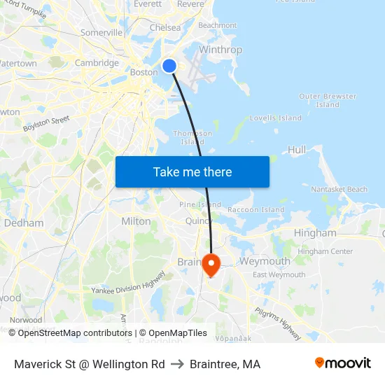 Maverick St @ Wellington Rd to Braintree, MA map