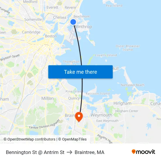 Bennington St @ Antrim St to Braintree, MA map