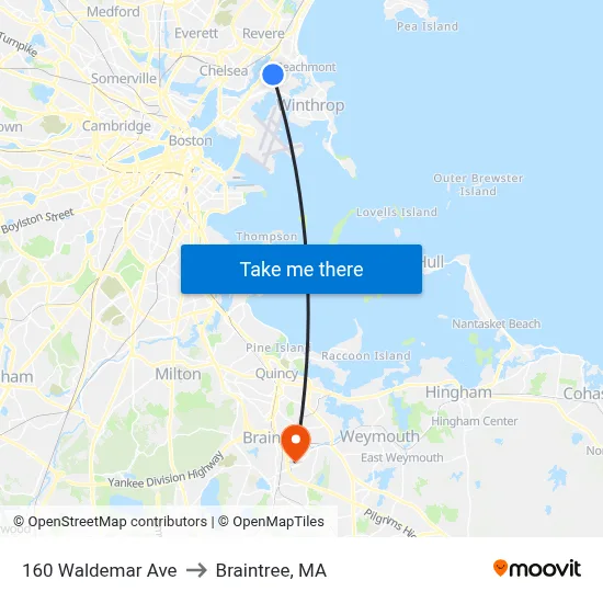 160 Waldemar Ave to Braintree, MA map
