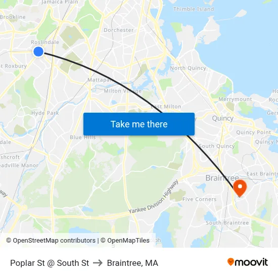 Poplar St @ South St to Braintree, MA map