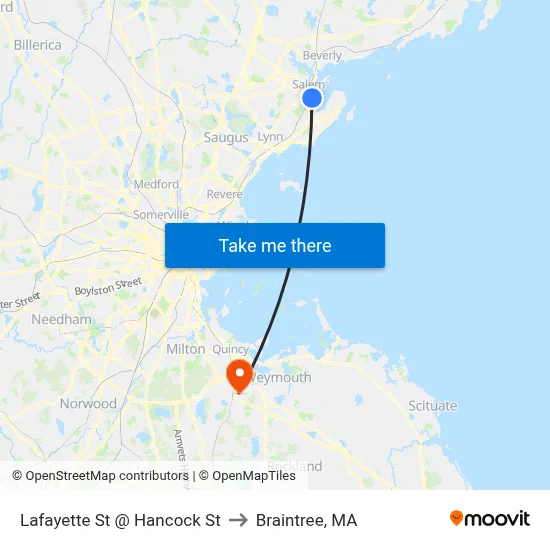 Lafayette St @ Hancock St to Braintree, MA map