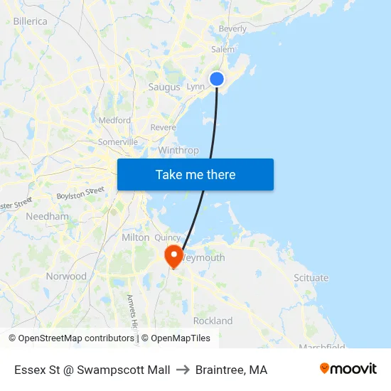 Essex St @ Swampscott Mall to Braintree, MA map