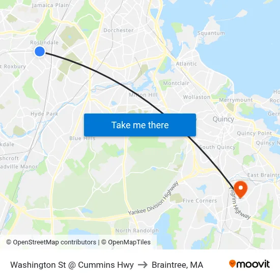 Washington St @ Cummins Hwy to Braintree, MA map